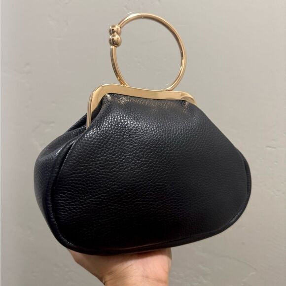Black Genuine Pebble Leather Handmade Vintage Style Kiss-lock Wristlet/Crossbody - Picture 7 of 12